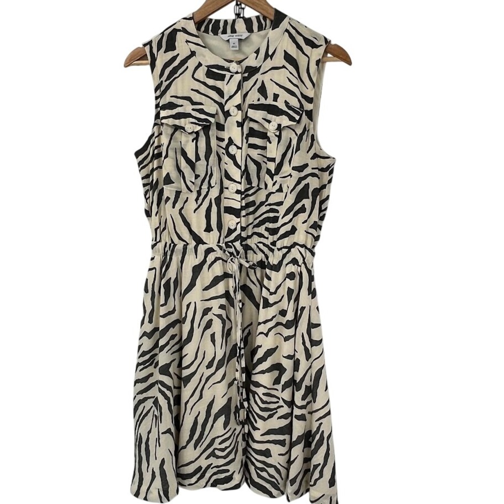 Nine West Womens Zebra Print Sleeveless Button Front Drawstring Shirt Dress M